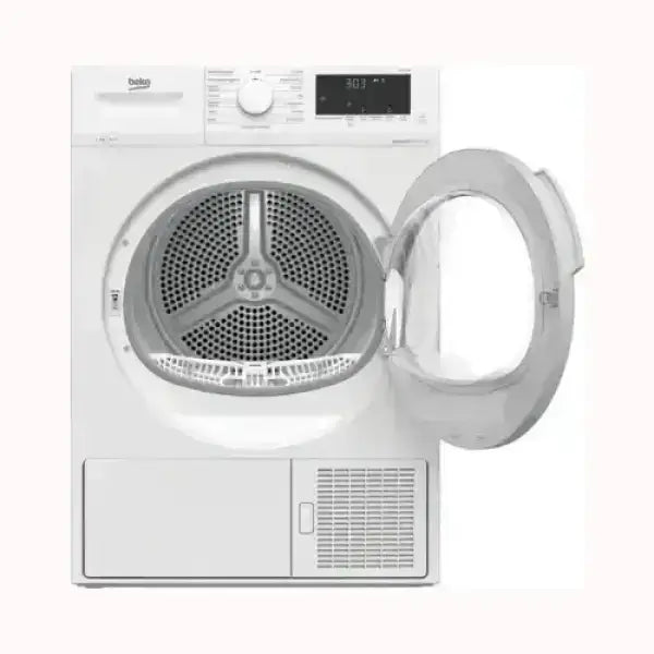 Asciugatrice BEKO bianca con porta trasparente aperta e pannello di controllo digitale