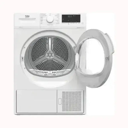 Asciugatrice BEKO bianca con porta trasparente aperta e pannello di controllo digitale