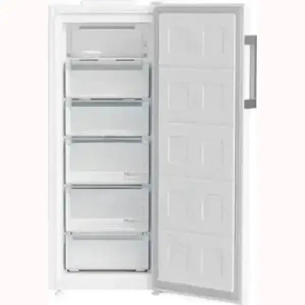 BEKO congelatore verticale bianco con sportello aperto e sei cassetti trasparenti per alimenti