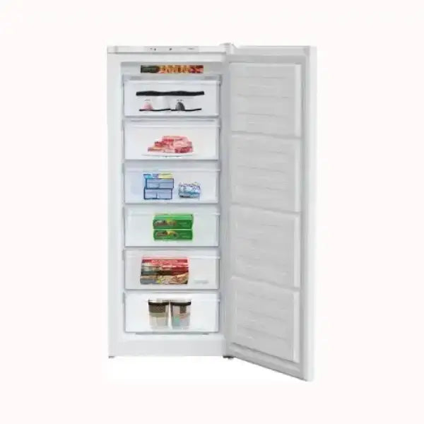 Beko congelatore verticale bianco con scomparti trasparenti e porta aperta che mostra alimenti congelati