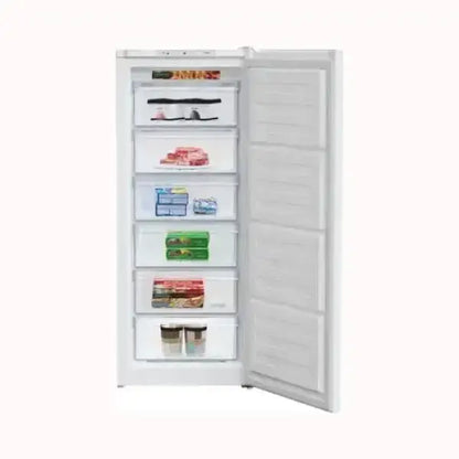 Beko congelatore verticale bianco con scomparti trasparenti e porta aperta che mostra alimenti congelati