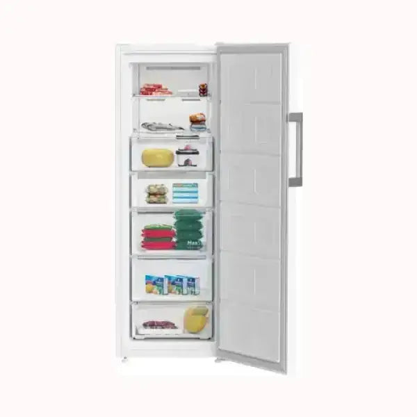 Beko congelatore verticale bianco con porte aperte e scomparti pieni di alimenti surgelati