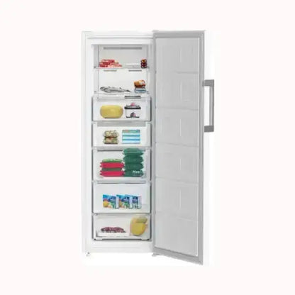 Beko congelatore verticale bianco con porte aperte e scomparti pieni di alimenti surgelati
