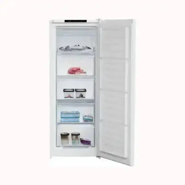 Beko congelatore verticale bianco con porta aperta e ripiani interni per conservazione alimenti
