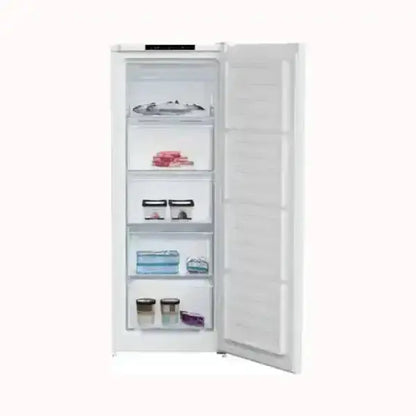 Beko congelatore verticale bianco con porta aperta e ripiani interni per conservazione alimenti
