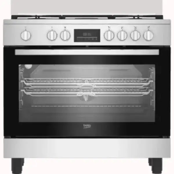 Cucina BEKO in acciaio inox con forno ampio e piano cottura a gas con sei manopole