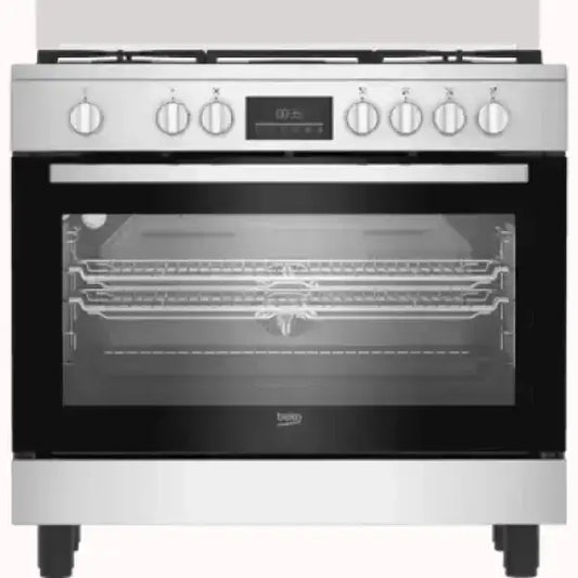 Cucina BEKO in acciaio inox con forno ampio e piano cottura a gas con sei manopole