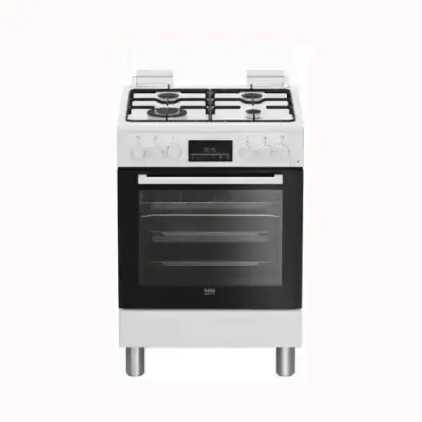 Cucina BEKO bianca a gas con forno e quattro fornelli in acciaio inox