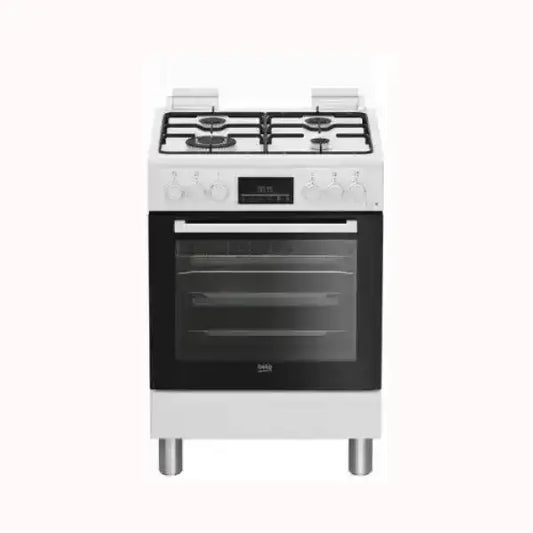 Cucina BEKO bianca a gas con forno e quattro fornelli in acciaio inox