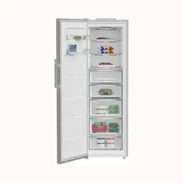 Congelatore verticale BEKO bianco con sportello aperto e scomparti trasparenti interni
