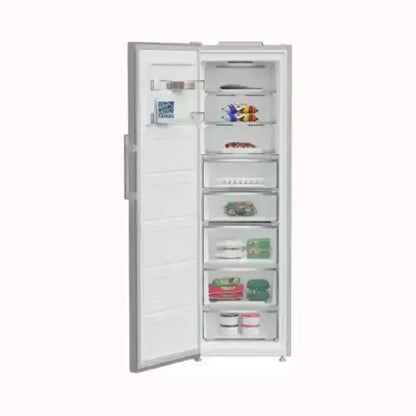 Congelatore verticale BEKO bianco con sportello aperto e scomparti trasparenti interni