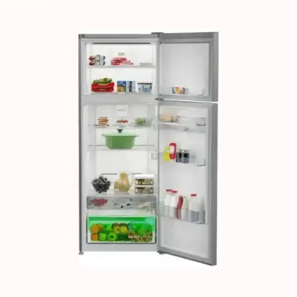 Frigorifero BEKO con doppia porta aperta e ripiani trasparenti carico di alimenti freschi