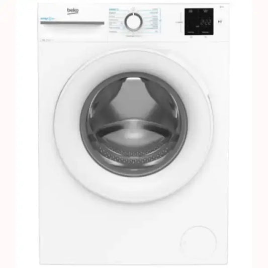 Lavatrice Beko bianca frontale con oblò trasparente e pannello di controllo digitale