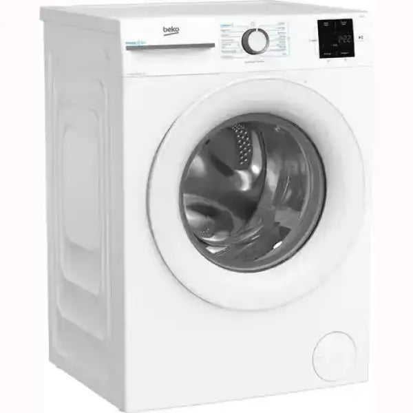 Lavatrice Beko bianca a carica frontale con pannello di controllo digitale e selettore programma