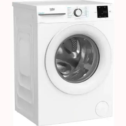 Lavatrice Beko bianca a carica frontale con pannello di controllo digitale e selettore programma