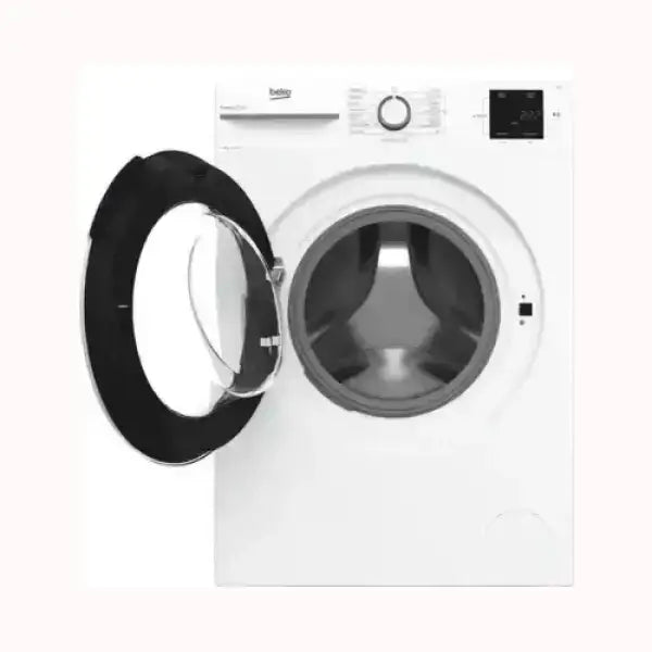 Lavatrice BEKO bianca con oblò aperto e pannello di controllo digitale