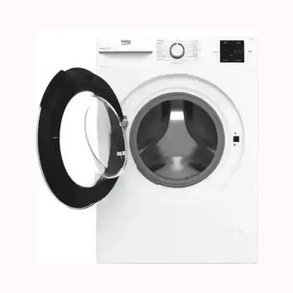 Lavatrice BEKO bianca con oblò aperto e pannello di controllo digitale