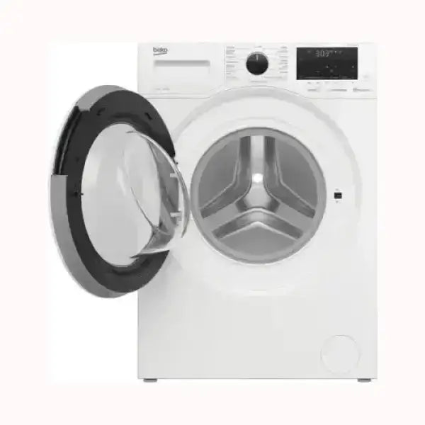 Lavatrice BEKO bianca con oblò aperto e pannello comandi digitale e manopola