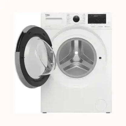 Lavatrice BEKO bianca con oblò aperto e pannello comandi digitale e manopola