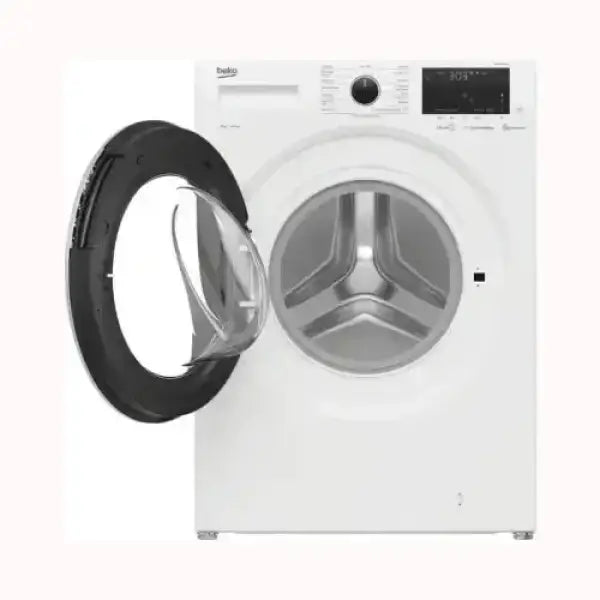 Beko lavatrice bianca con oblò aperto e display digitale per cicli di lavaggio moderni