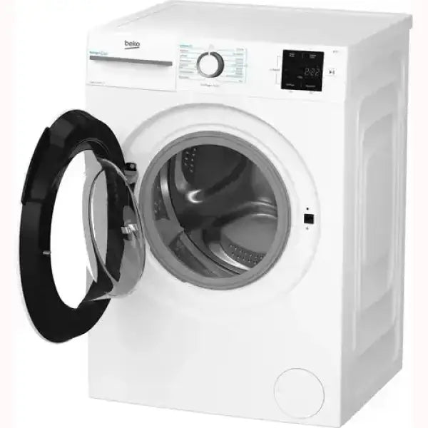 Lavatrice Beko bianca con sportello anteriore aperto e pannello di controllo digitale