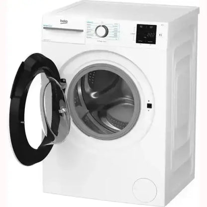 Lavatrice Beko bianca con sportello anteriore aperto e pannello di controllo digitale