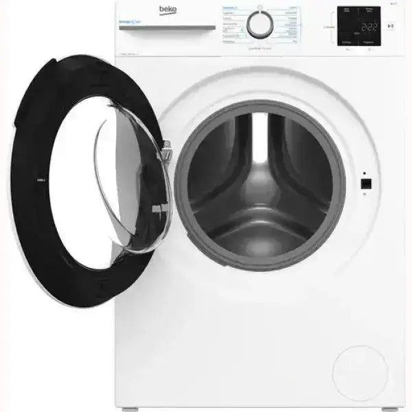 Lavatrice Beko frontale bianca con sportello aperto e pannello di controllo digitale
