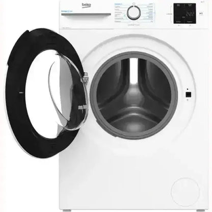 Lavatrice Beko frontale bianca con sportello aperto e pannello di controllo digitale