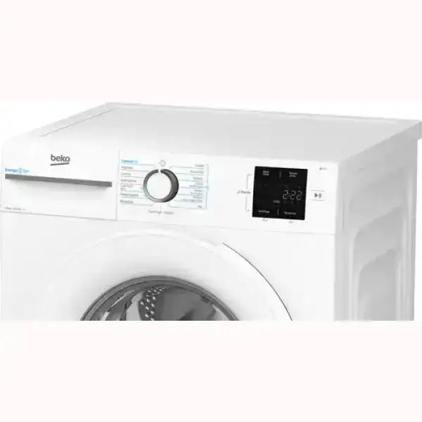 Lavatrice Beko bianca con oblò frontale e pannello di controllo digitale