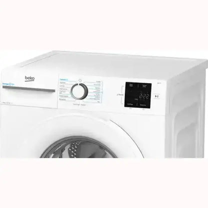 Lavatrice Beko bianca con oblò frontale e pannello di controllo digitale