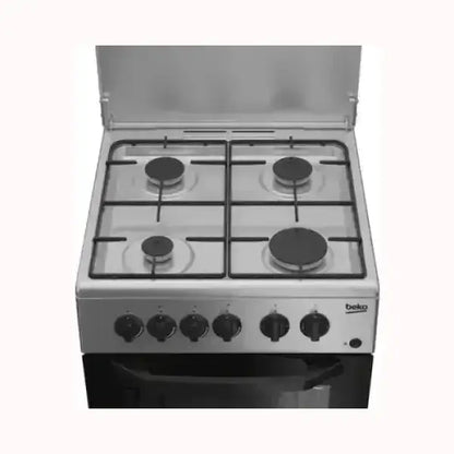 Cucina BEKO con piano cottura a quattro fuochi e forno integrato in acciaio inox