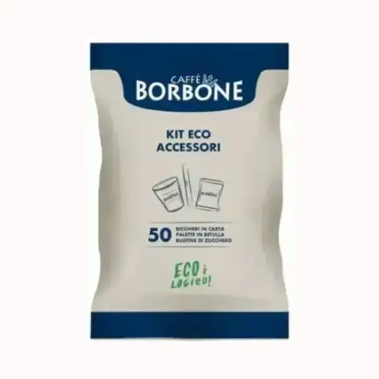 Kit eco accessori Borbone con 50 boccini in carta palette in betulla e bustine di zucchero