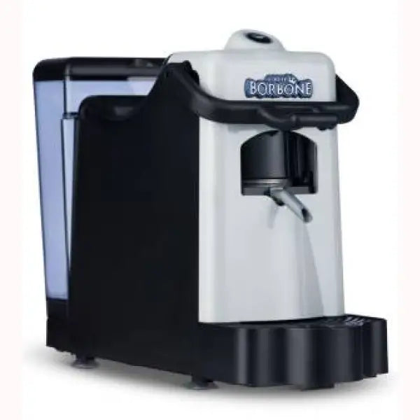 Macchina da caffè Borbone compatta colore bianco e nero con serbatoio acqua trasparente