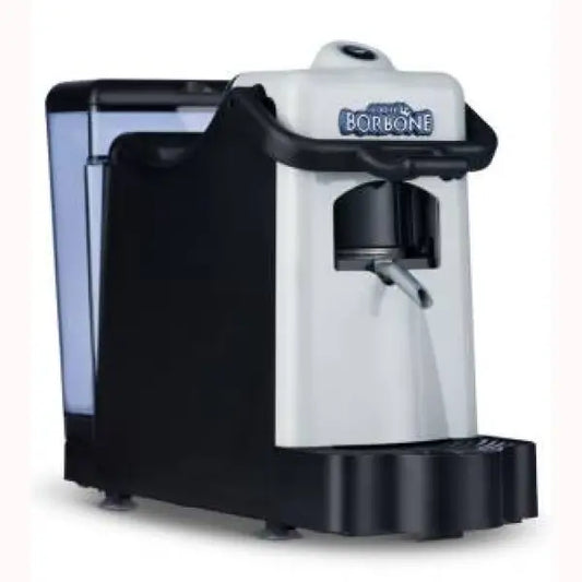Macchina da caffè Borbone compatta colore bianco e nero con serbatoio acqua trasparente