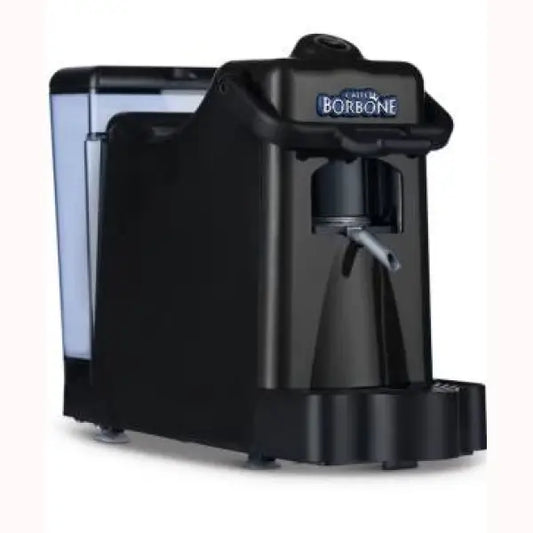 Macchina da caffè Borbone nera compatta con serbatoio acqua trasparente e design moderno
