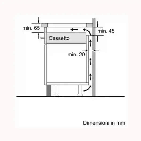 Schema tecnico delle dimensioni in millimetri per il montaggio di un piano cottura BOSCH con cassetto