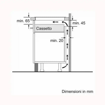 Schema tecnico delle dimensioni in millimetri per il montaggio di un piano cottura BOSCH con cassetto