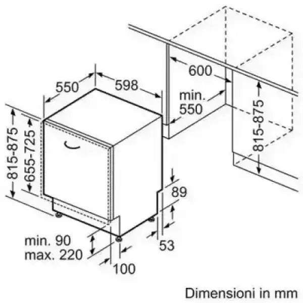 Schema tecnico con dimensioni in millimetri della lavastoviglie da incasso BOSCH