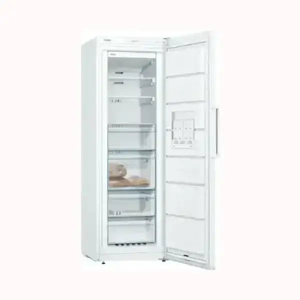 Congelatore verticale BOSCH bianco con porta aperta e ripiani interni per conservazione alimenti