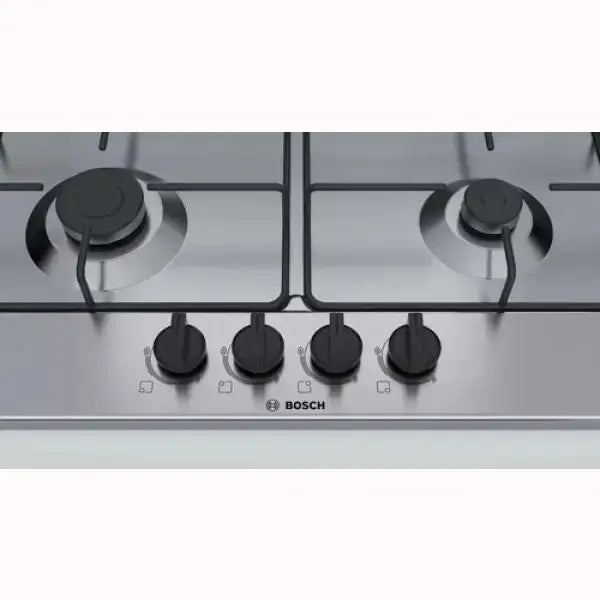 Piano cottura Bosch BOSCH PGP6B5B86 in acciaio inox con quattro fuochi e manopole di controllo