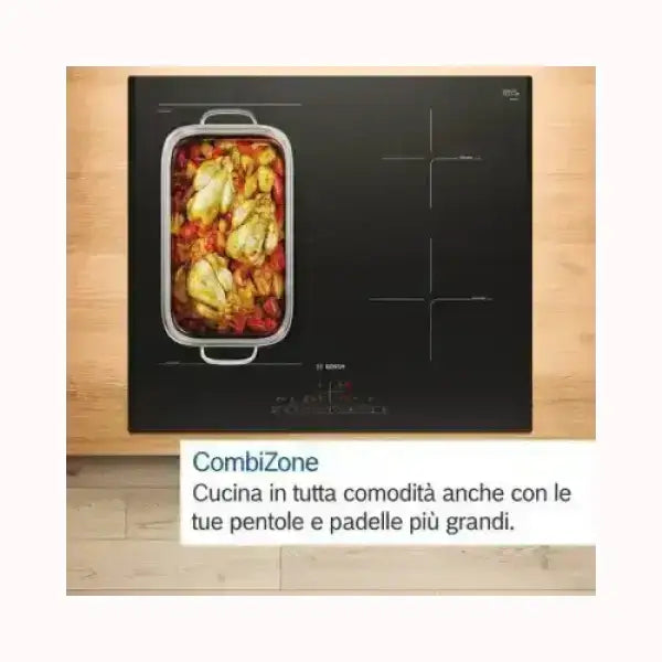 Piano cottura BOSCH nero con funzione CombiZone e teglia con pollo e verdure