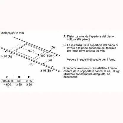 Schema tecnico con dimensioni in mm per l'installazione piano cottura BOSCH con distanze minime e requisiti di spazio