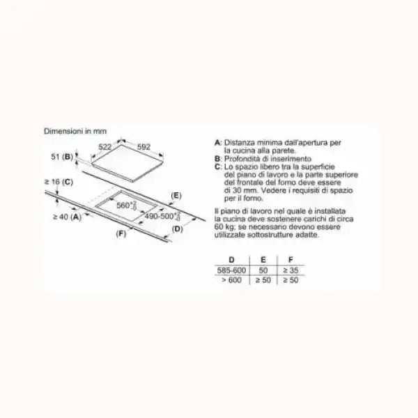 Schema tecnico con dimensioni in mm per piano cottura BOSCH da installare su piano cucina