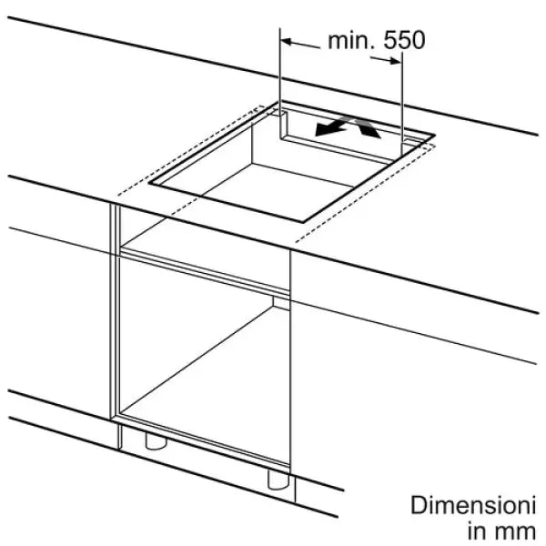 Schema tecnico di installazione per piano cottura BOSCH con dimensioni minime di incasso