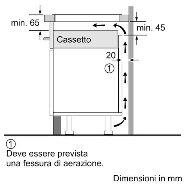 Schema tecnico di aerazione per cassetto di piano cottura BOSCH con dimensioni e istruzioni in millimetri