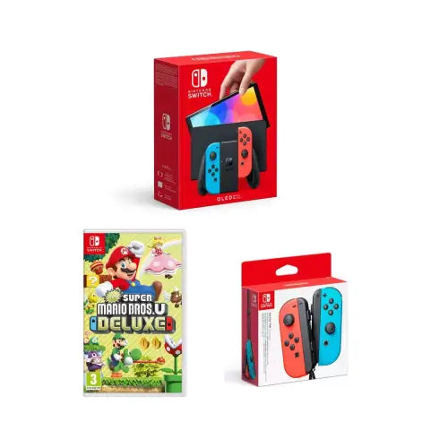 Console Nintendo Switch con Joy-Con rossi e blu e gioco Super Mario Bros. U Deluxe per divertimento in famiglia