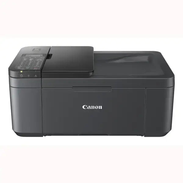 Stampante multifunzione Canon nera con scanner piano, pannello di controllo e vassoio carta frontale