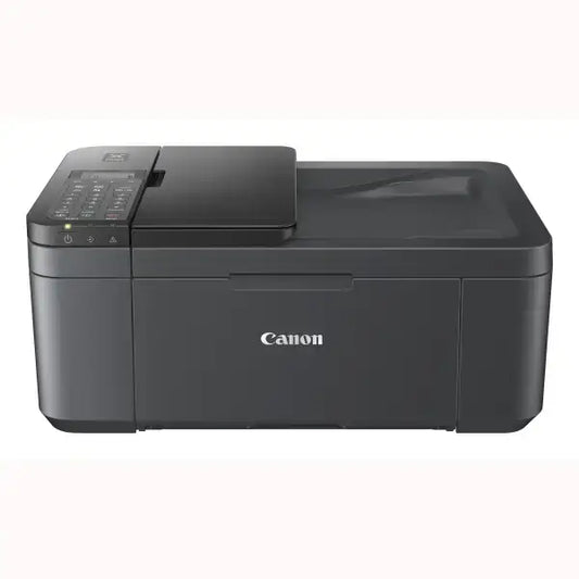 Stampante multifunzione Canon nera con scanner piano, pannello di controllo e vassoio carta frontale