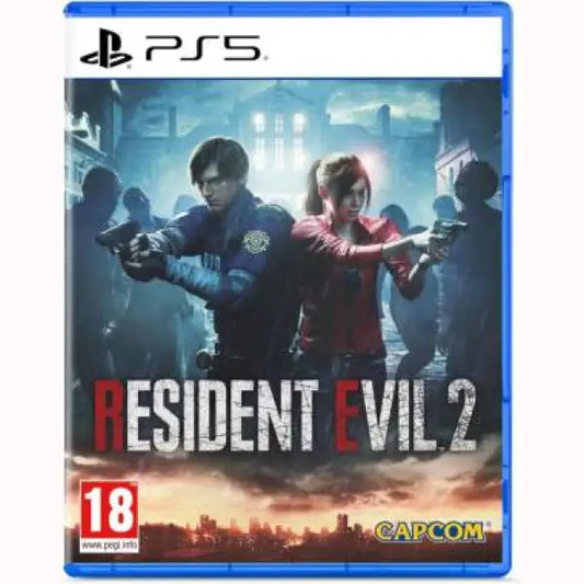 Couverture du jeu Resident Evil 2 PS5 avec des personnages armés et un titre proéminent.