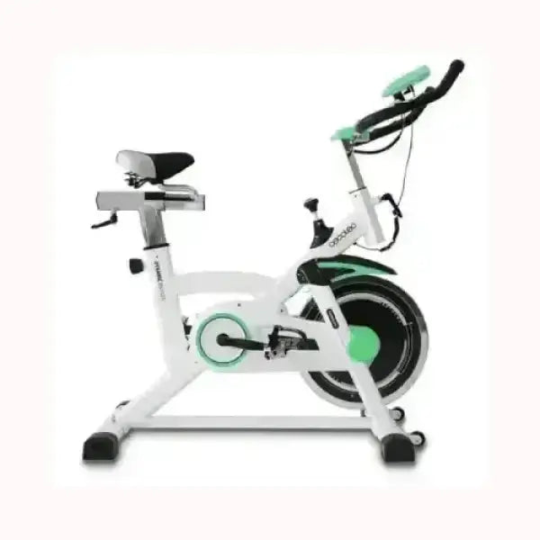 Cecotec Spin Bike cyclette da casa bianca con dettagli verdi sella e manubrio regolabili e volano silenzioso